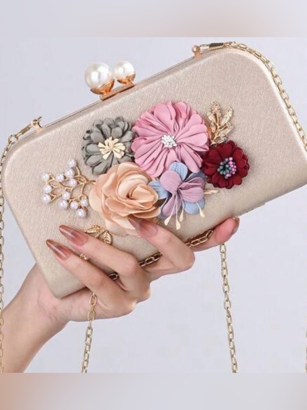 Champagne Floral Embellished Evening Clutch